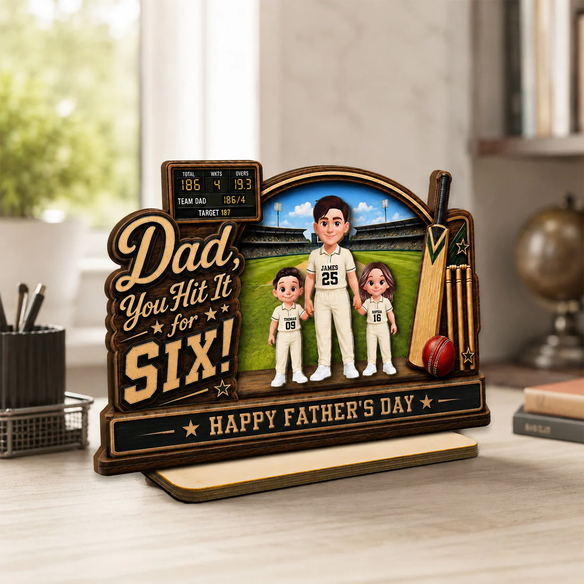 Hit A Six With The Best Dad Cricket Dad & Kids On Court - Personalised 2-Layered Wooden Plaque - Gift For Husband, Dad - Image 2