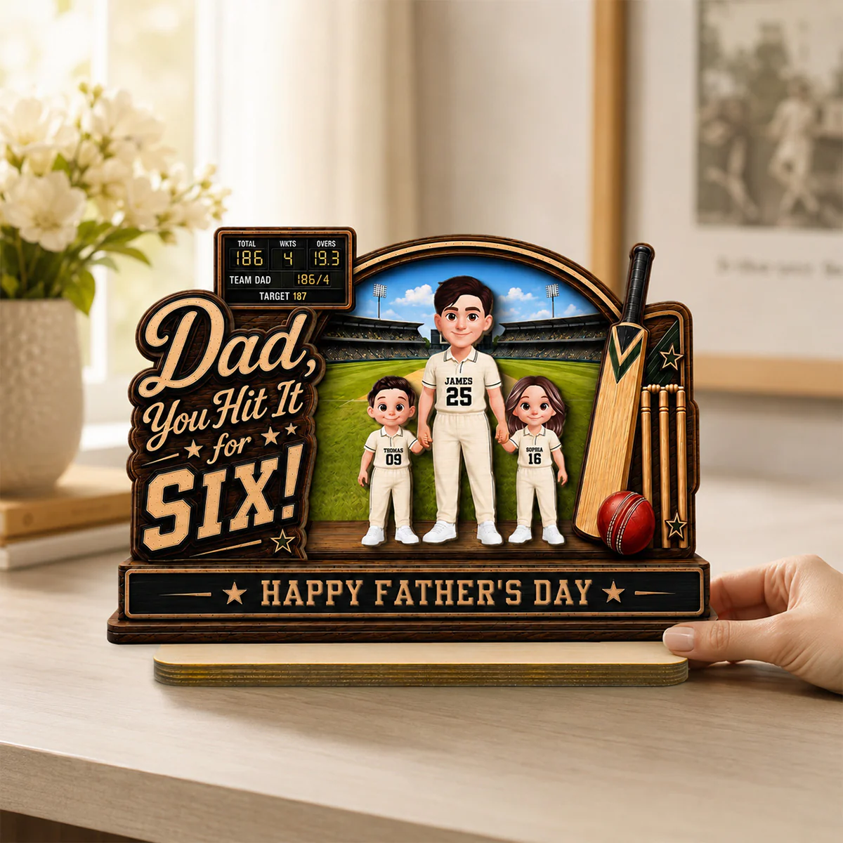 Hit A Six With The Best Dad Cricket Dad & Kids On Court - Personalised 2-Layered Wooden Plaque - Gift For Husband, Dad - Image 4
