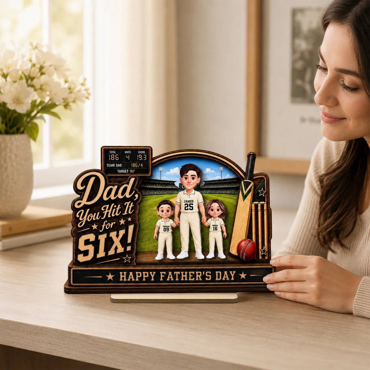 Hit A Six With The Best Dad Cricket Dad & Kids On Court - Personalised 2-Layered Wooden Plaque - Gift For Husband, Dad - Image 5
