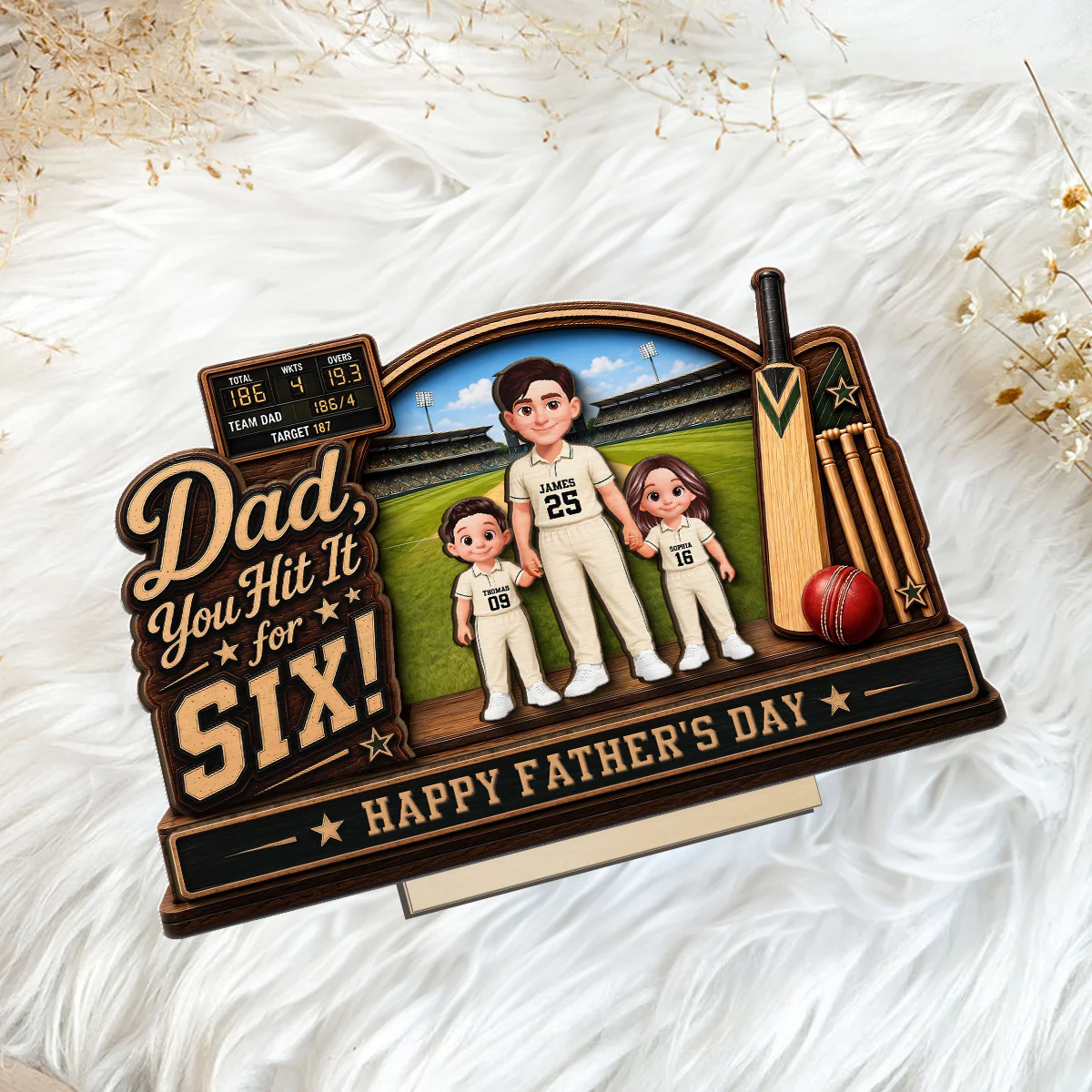 Hit A Six With The Best Dad Cricket Dad & Kids On Court - Personalised 2-Layered Wooden Plaque - Gift For Husband, Dad - Image 7
