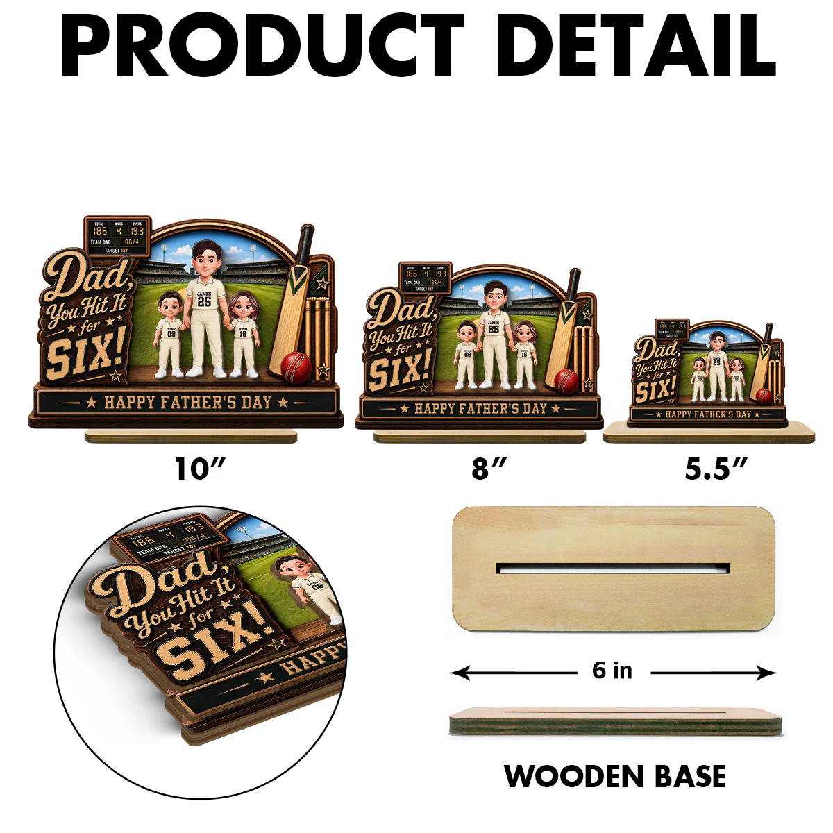 Hit A Six With The Best Dad Cricket Dad & Kids On Court - Personalised 2-Layered Wooden Plaque - Gift For Husband, Dad - Image 8