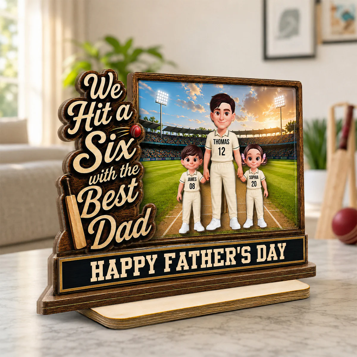 Hit A Six With The Best Dad Cricket Dad & Kids On Field 2D Flat - Personalised 2-Layered Wooden Plaque -  Gift For Husband, Dad - Image 2