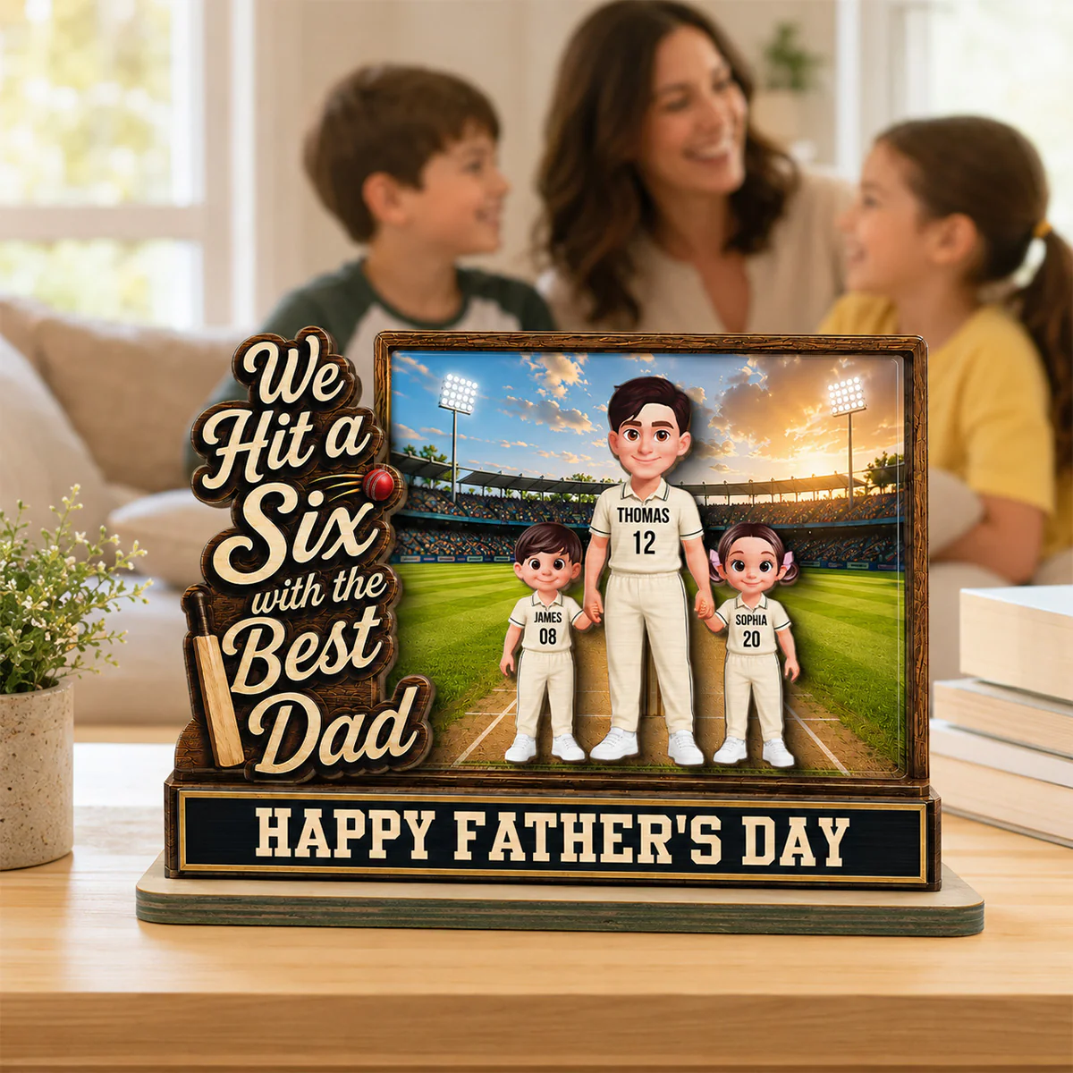 Hit A Six With The Best Dad Cricket Dad & Kids On Field 2D Flat - Personalised 2-Layered Wooden Plaque -  Gift For Husband, Dad - Image 5