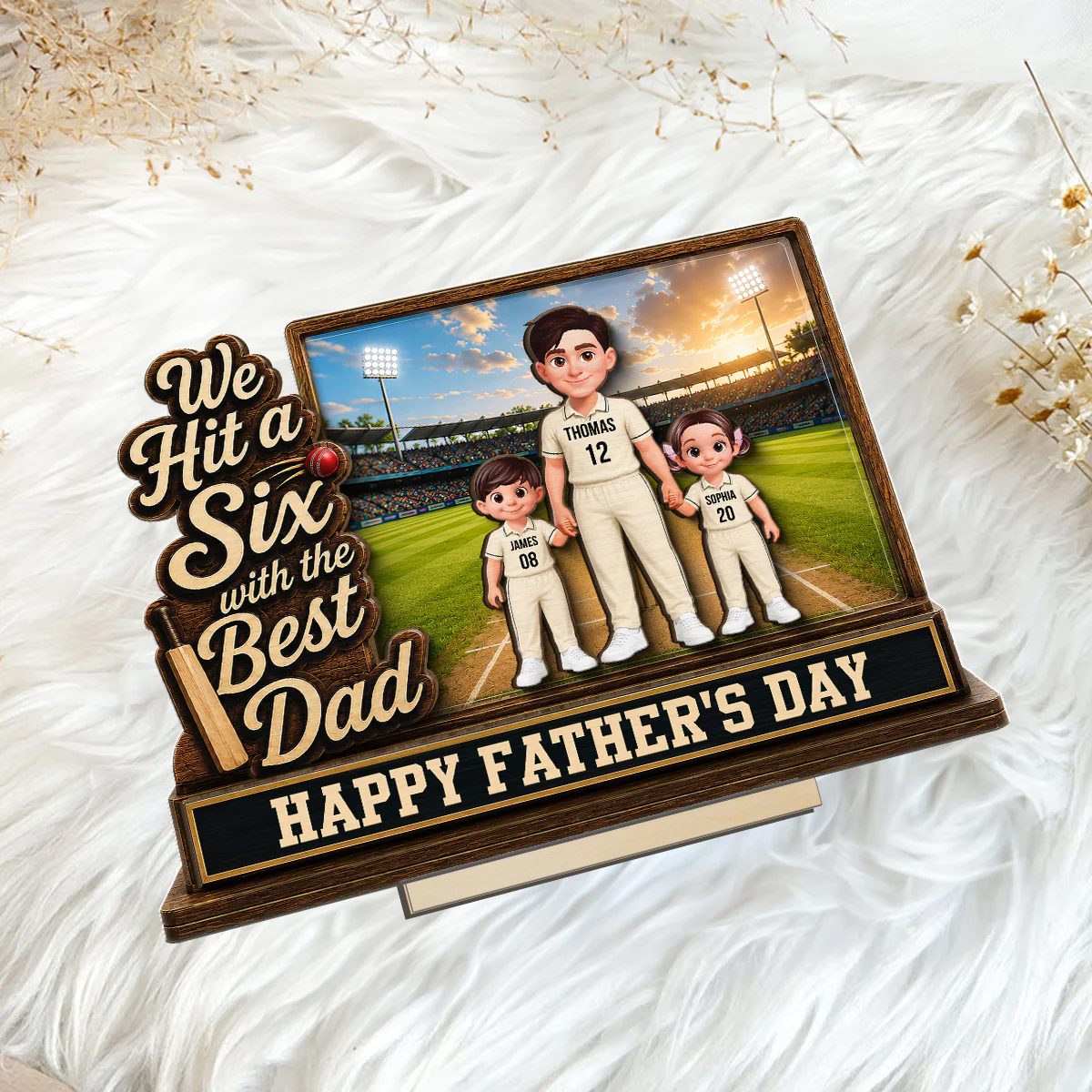 Hit A Six With The Best Dad Cricket Dad & Kids On Field 2D Flat - Personalised 2-Layered Wooden Plaque -  Gift For Husband, Dad - Image 7