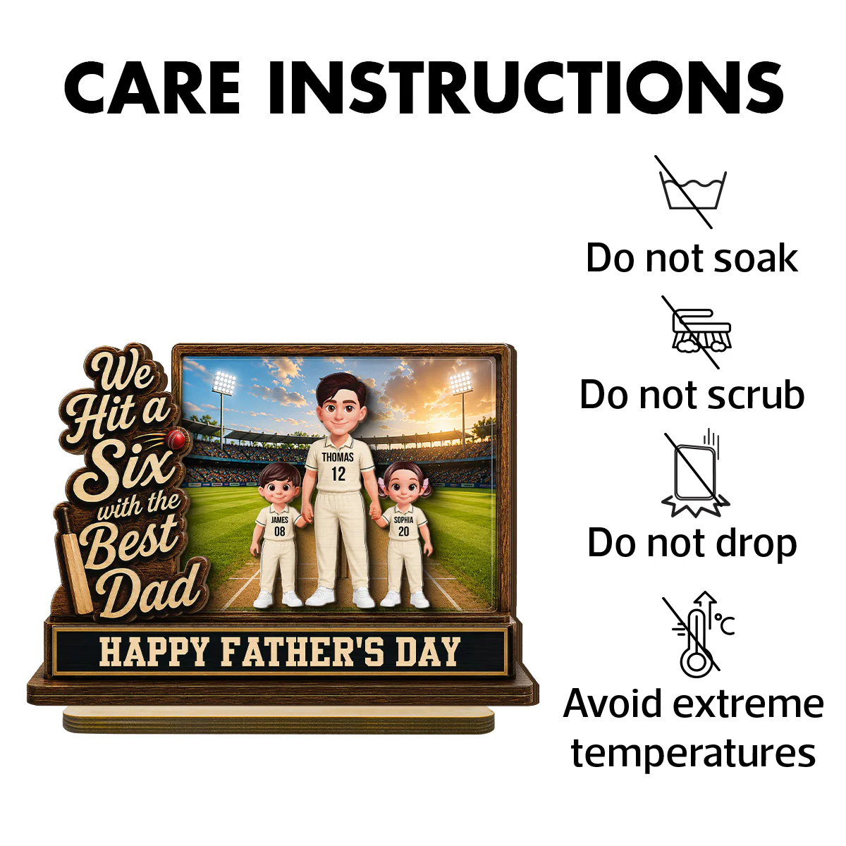 Hit A Six With The Best Dad Cricket Dad & Kids On Field 2D Flat - Personalised 2-Layered Wooden Plaque -  Gift For Husband, Dad - Image 9
