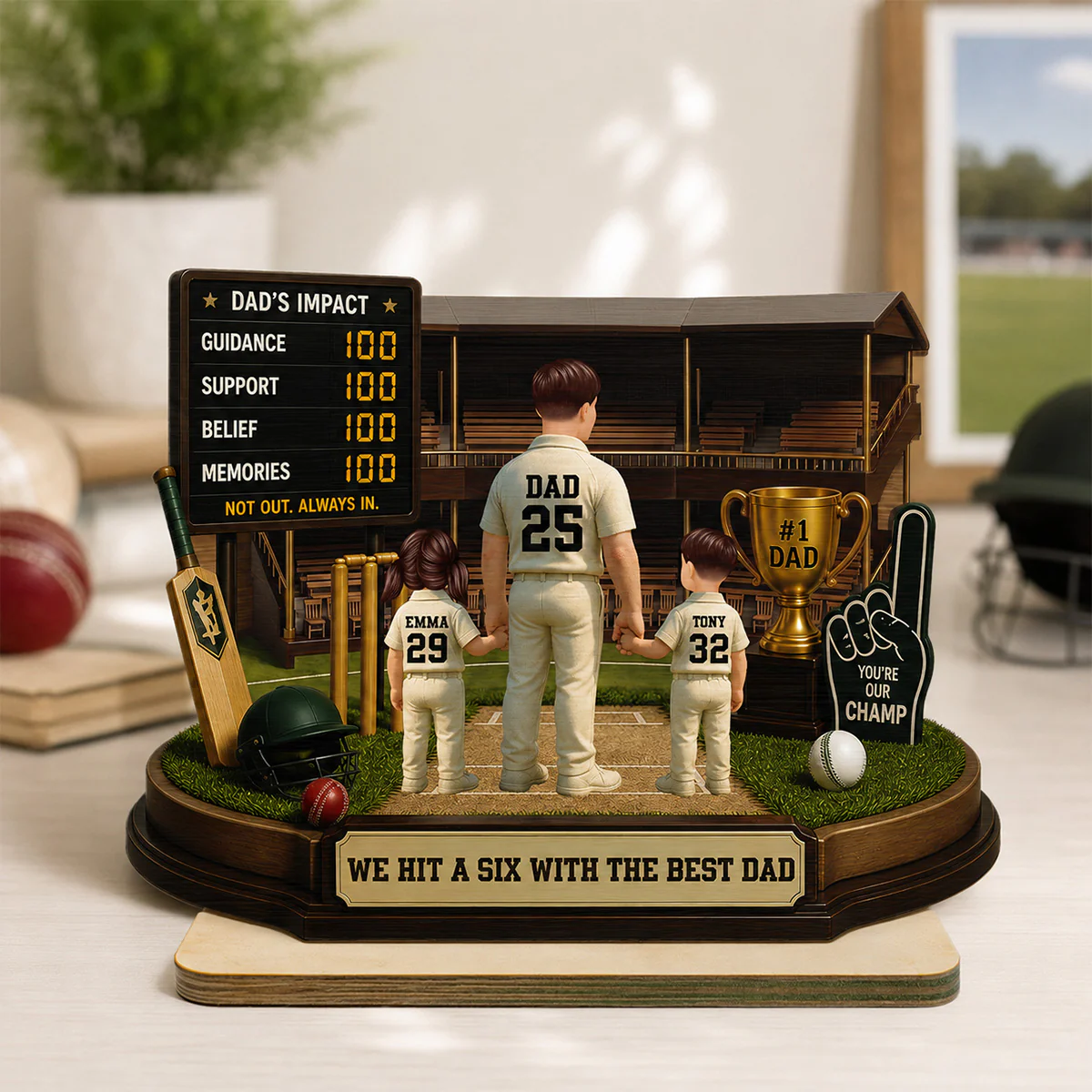 Hit A Six With The Best Dad Cricket Dad - Personalised 2-Layered Wooden Plaque - Gift For Husband, Dad