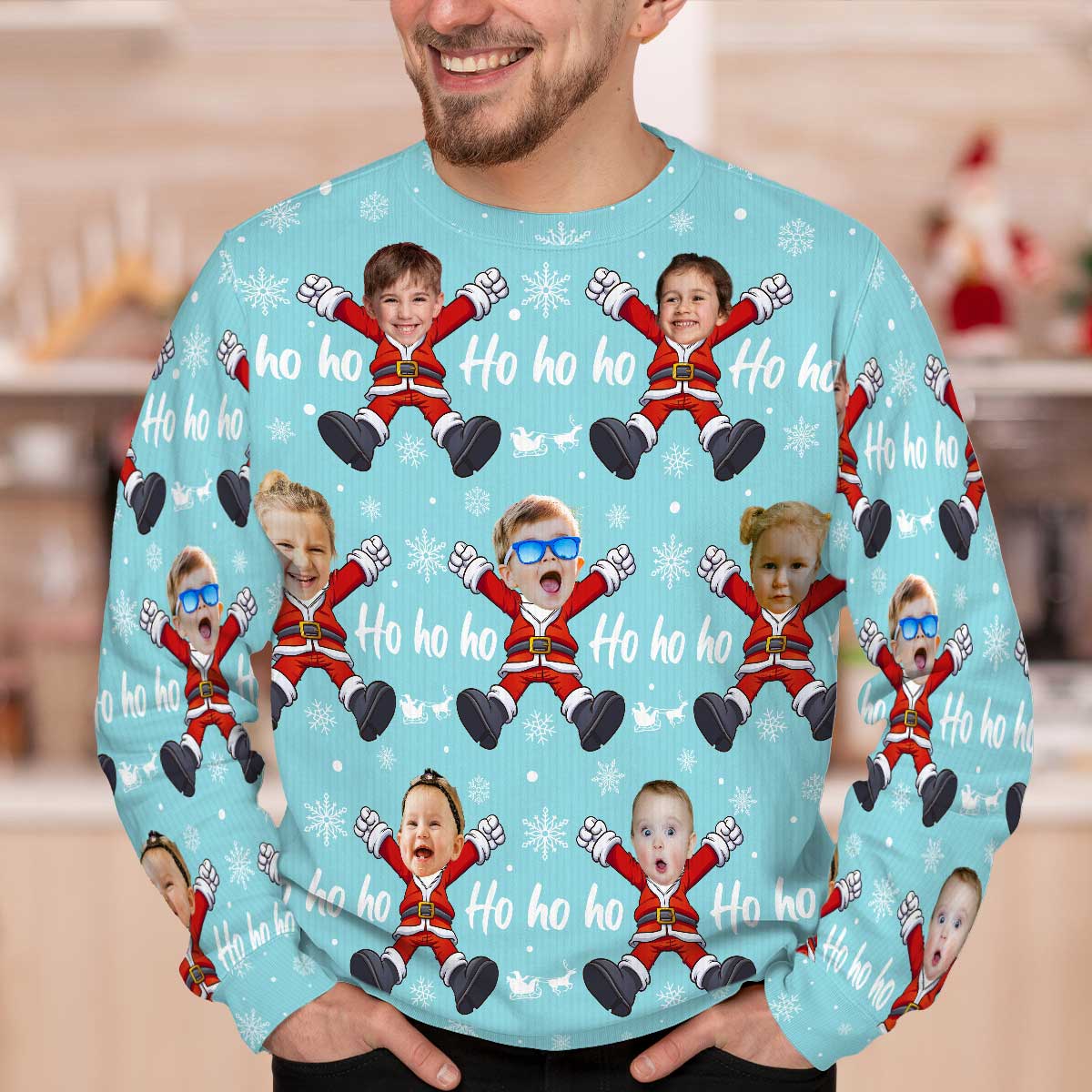Ho Ho Ho Family Photo Upload Funny Christmas Personalized Faux Knit Ugly Sweater - Image 2