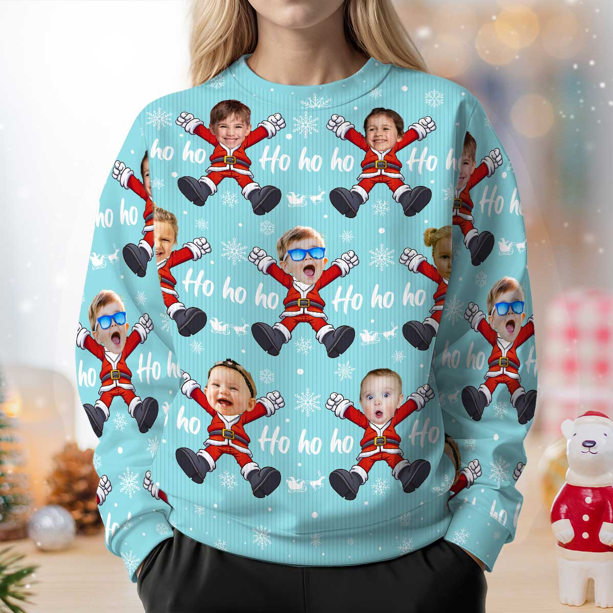 Ho Ho Ho Family Photo Upload Funny Christmas Personalized Faux Knit Ugly Sweater - Image 3