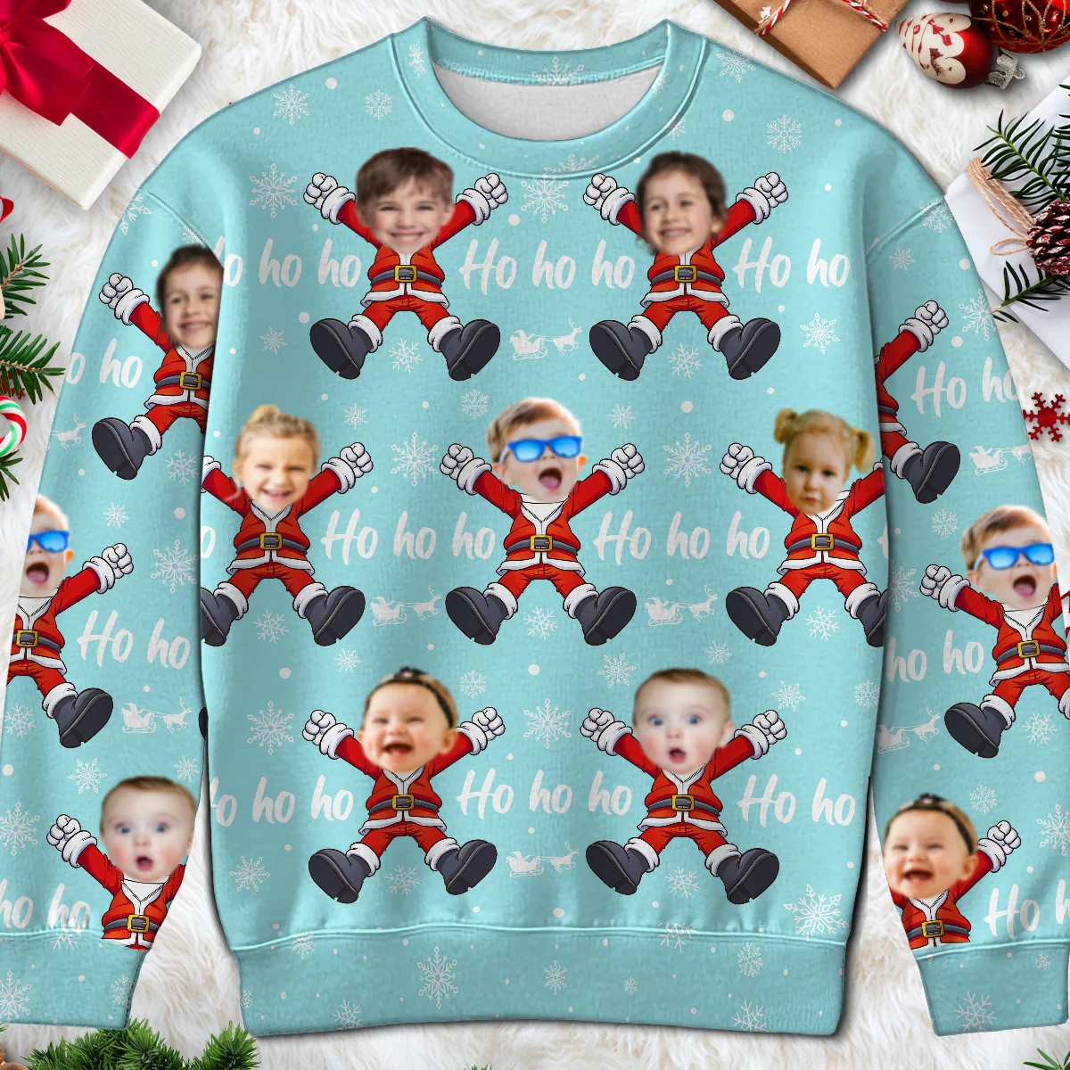 Ho Ho Ho Family Photo Upload Funny Christmas Personalized Faux Knit Ugly Sweater - Image 8
