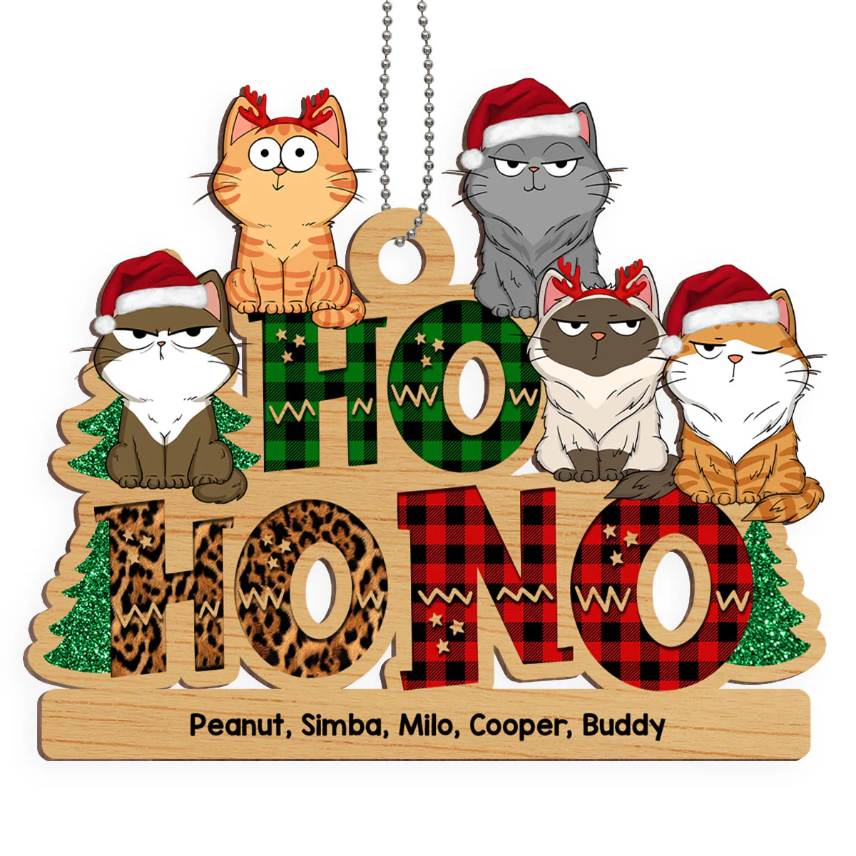 Ho Ho No Christmas Funny Cats Expressions Personalized Wooden Ornament