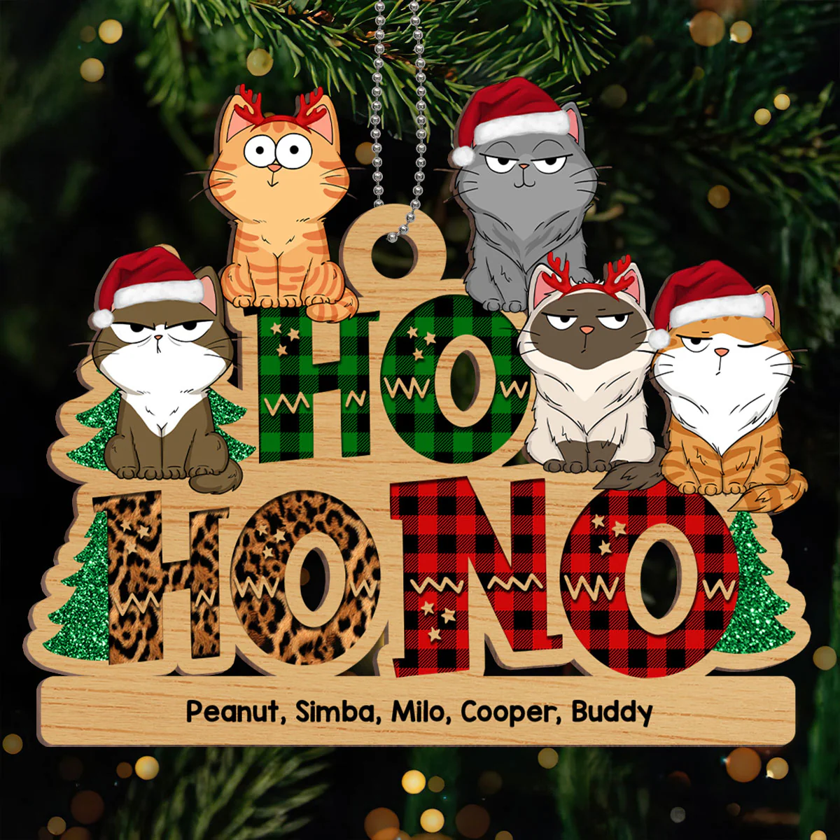 Ho Ho No Christmas Funny Cats Expressions Personalized Wooden Ornament - Image 2