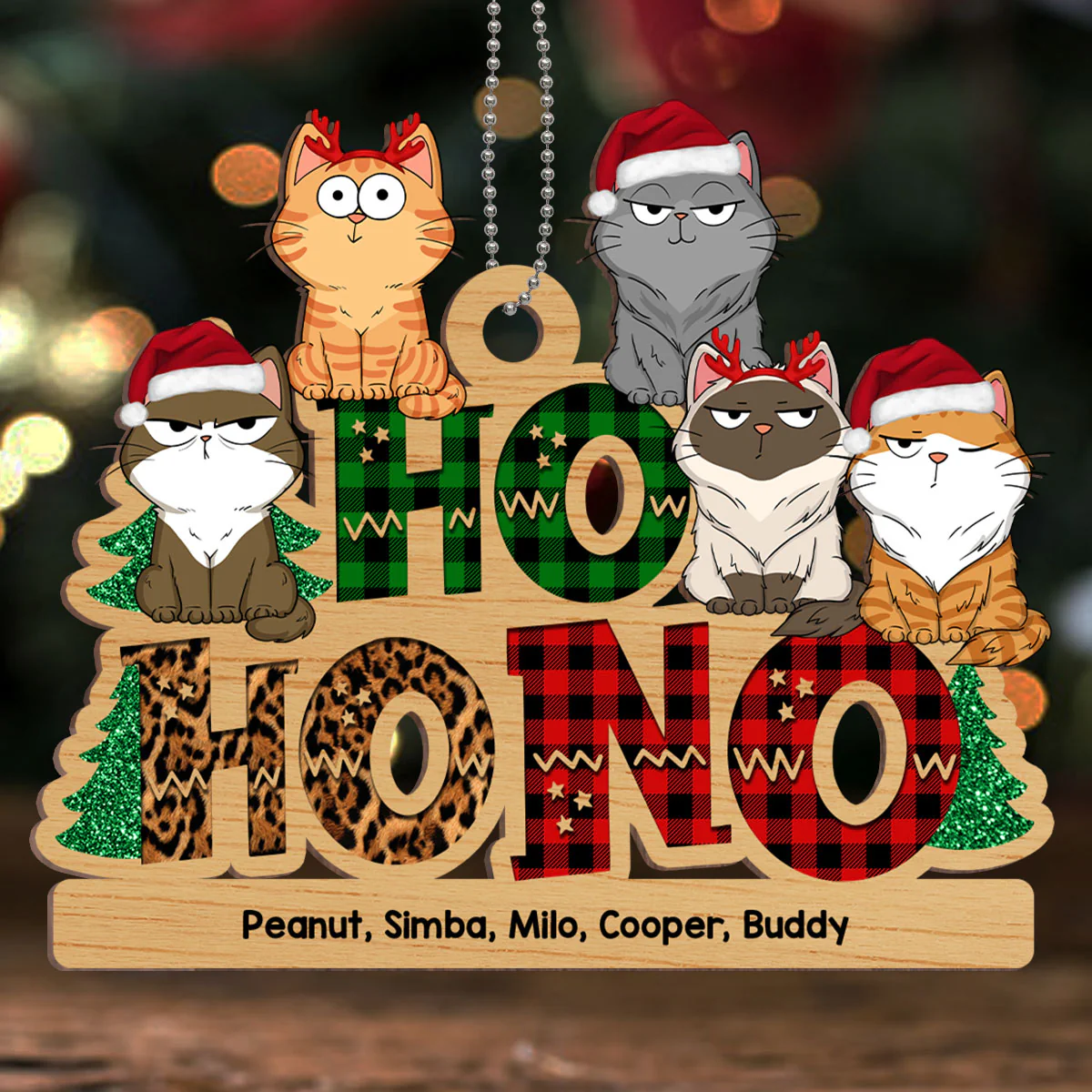 Ho Ho No Christmas Funny Cats Expressions Personalized Wooden Ornament - Image 3