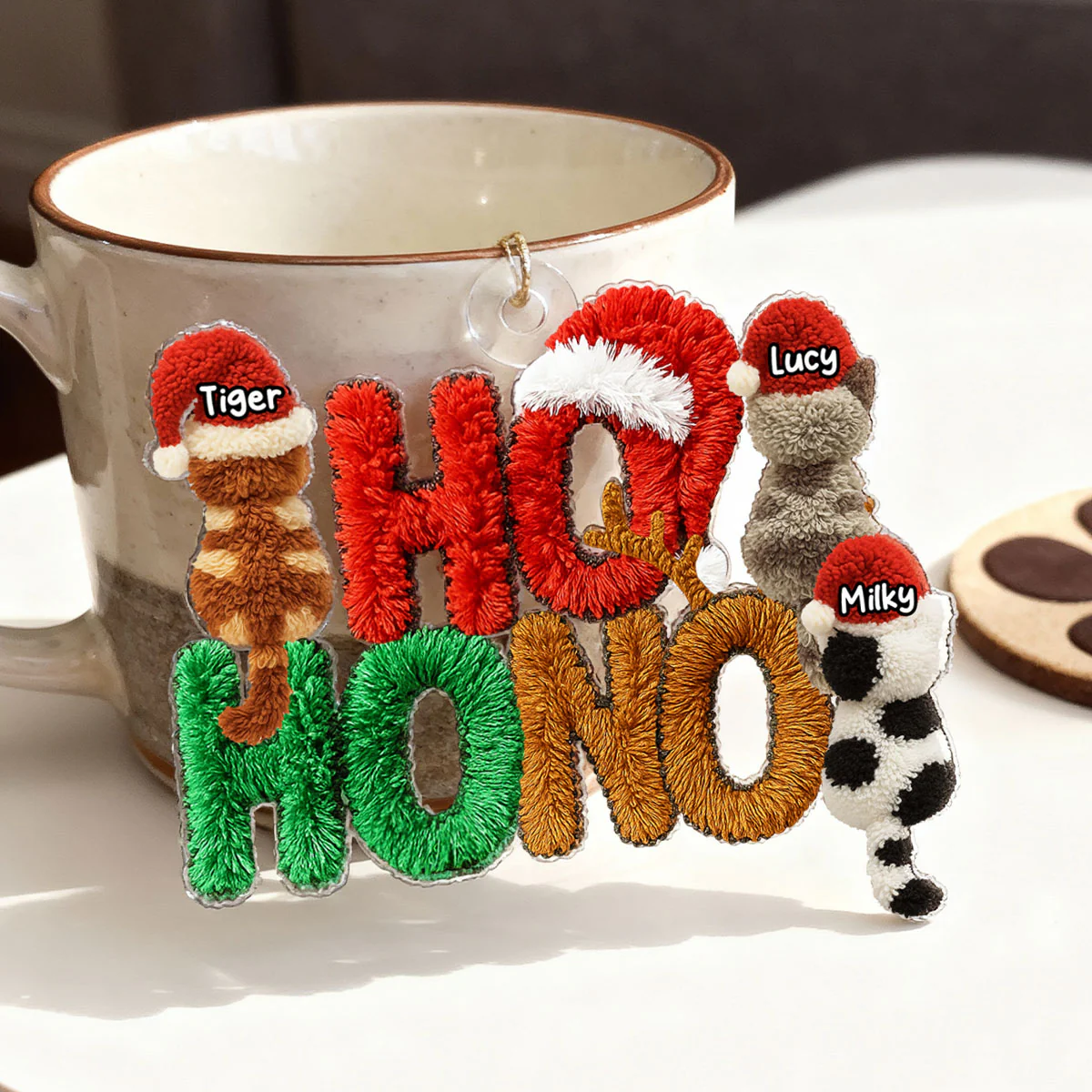 Ho Ho No Funny Cat Latch Hook Yarn Faux - Personalized Acrylic Ornament - Christmas Gift for Cat Moms, Cat Dads - Image 4