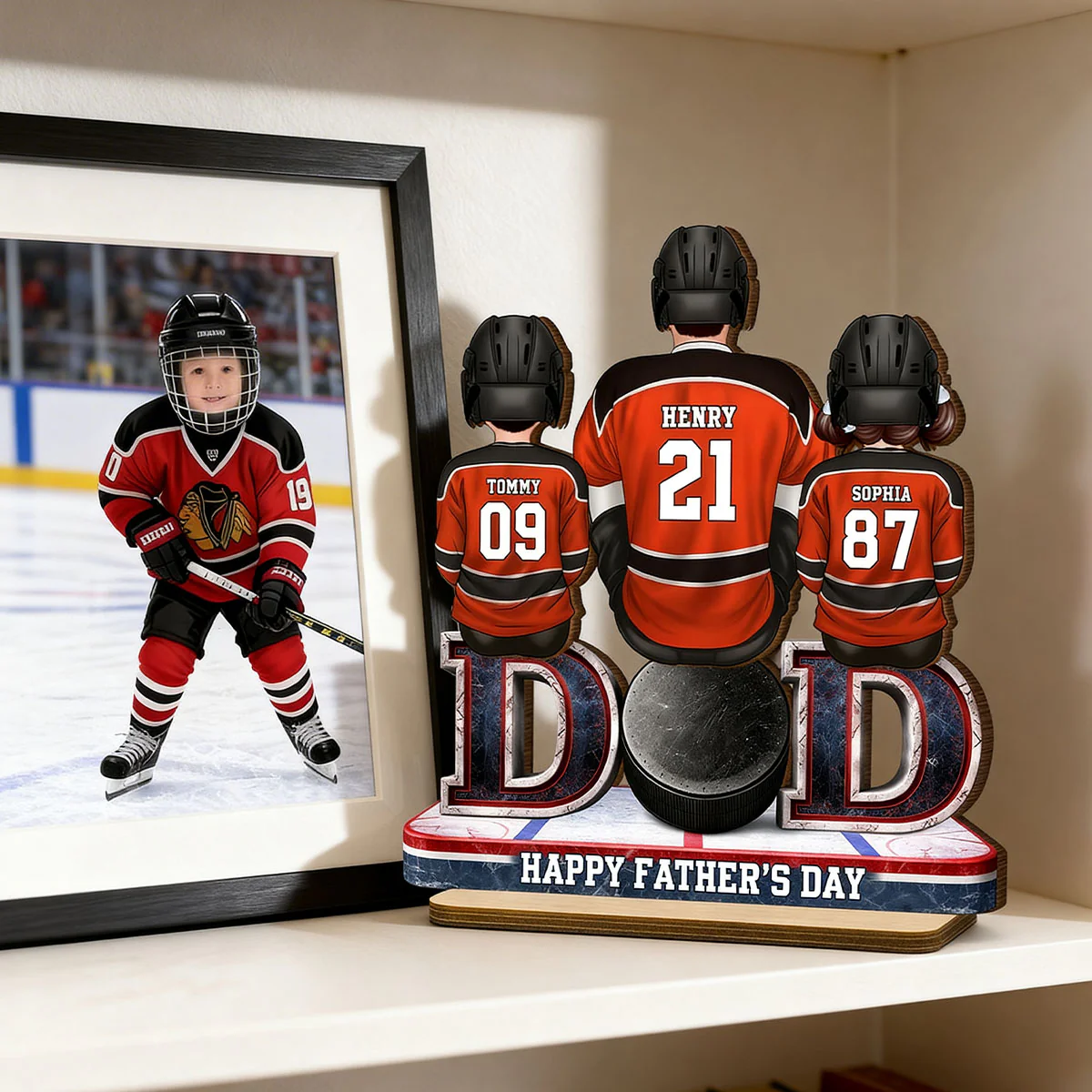 Hockey Dad And Kids Sitting Together - Personalized 2-Layered Wooden Plaque - Gift, Gift For Hockey Dad, Gift For Husband - Image 2