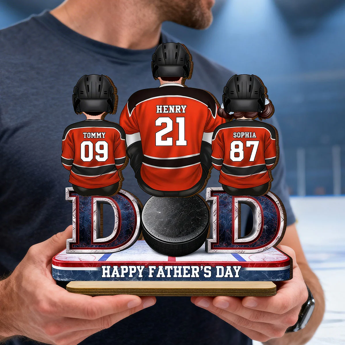 Hockey Dad And Kids Sitting Together - Personalized 2-Layered Wooden Plaque - Gift, Gift For Hockey Dad, Gift For Husband - Image 4