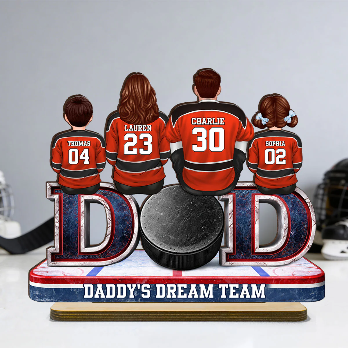 Hockey Dad Family Sitting Back View - Personalized 2-Layered Wooden Plaque - Heartfelt Gift For Hockey Dad, Gift For Husband, Gift For Family - Image 5