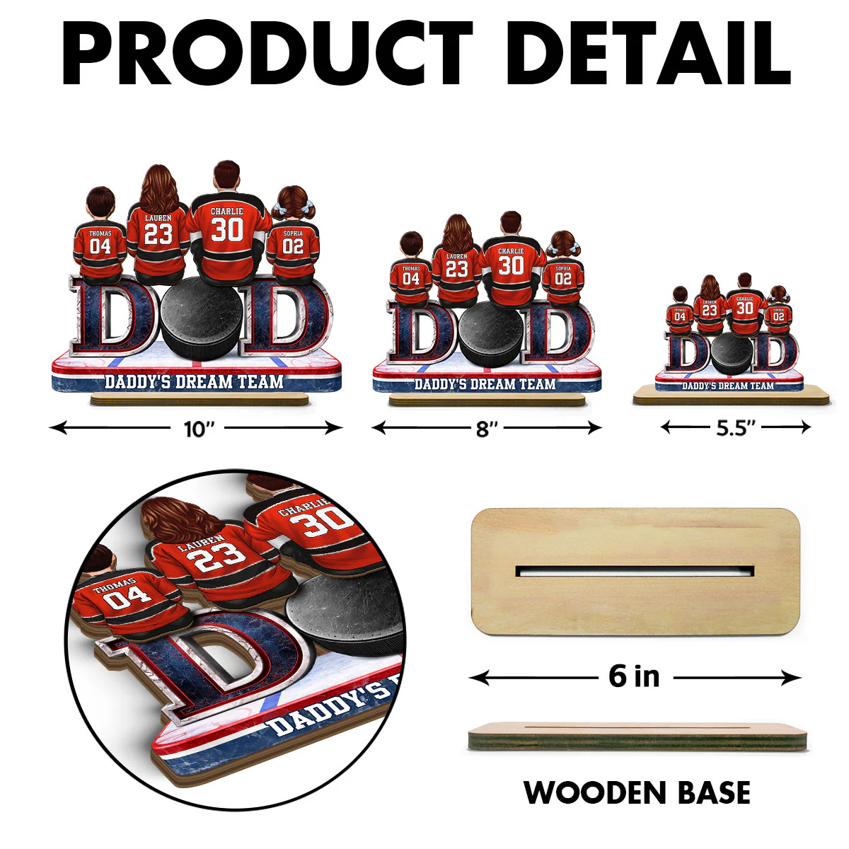Hockey Dad Family Sitting Back View - Personalized 2-Layered Wooden Plaque - Heartfelt Gift For Hockey Dad, Gift For Husband, Gift For Family - Image 7