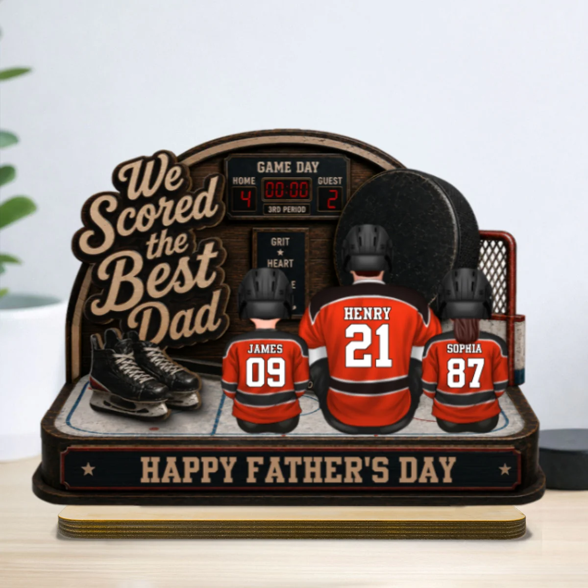 Hockey Dad & Kids Sitting On Court 2D Flat - Personalized 2-Layered Wooden Plaque -  Gift For Hockey Dad - Image 10