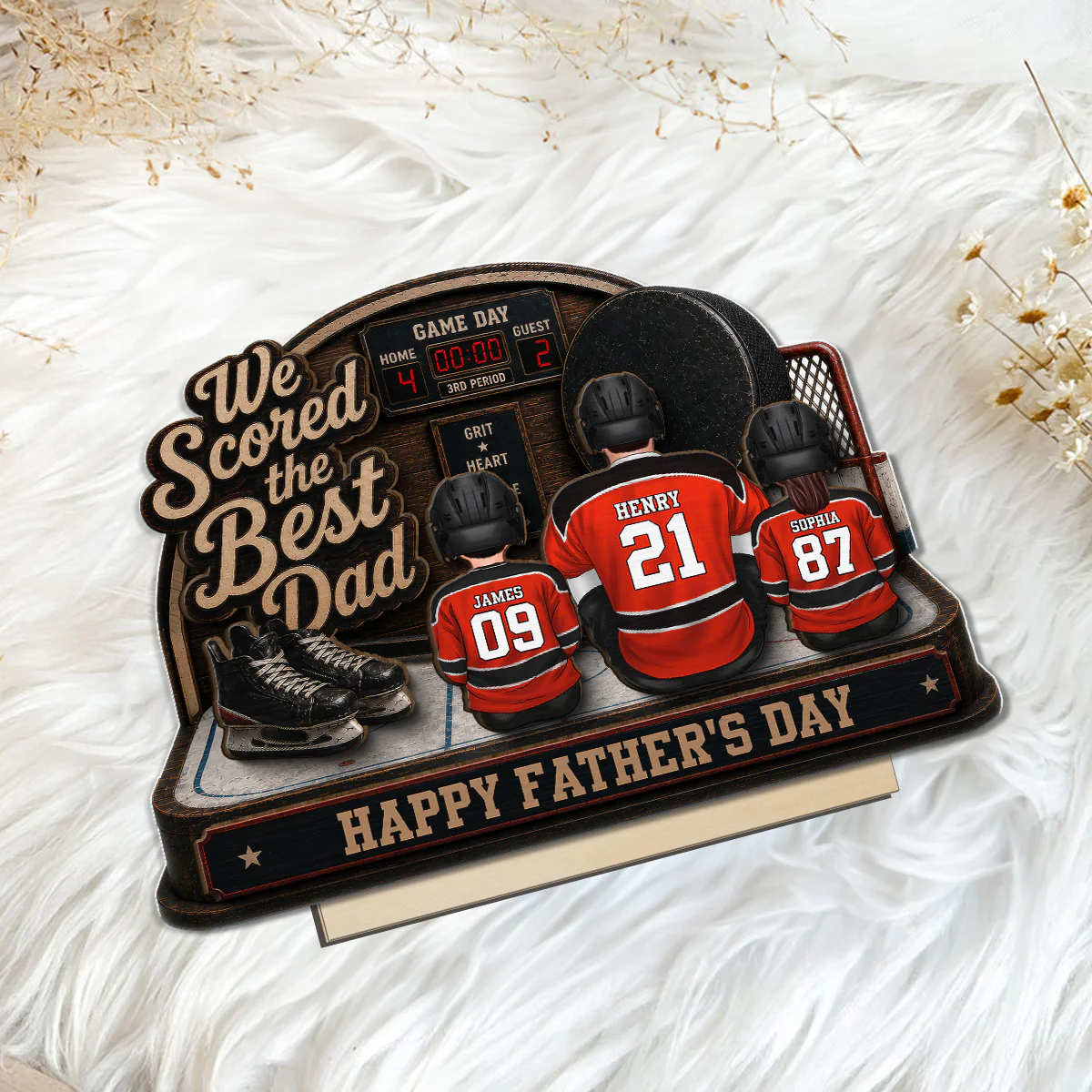 Hockey Dad & Kids Sitting On Court 2D Flat - Personalized 2-Layered Wooden Plaque -  Gift For Hockey Dad - Image 7