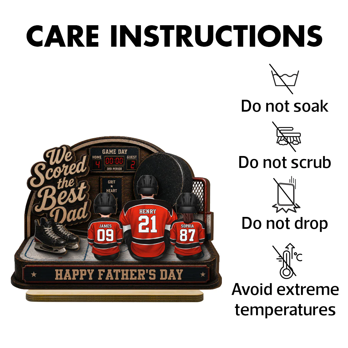 Hockey Dad & Kids Sitting On Court 2D Flat - Personalized 2-Layered Wooden Plaque -  Gift For Hockey Dad - Image 9