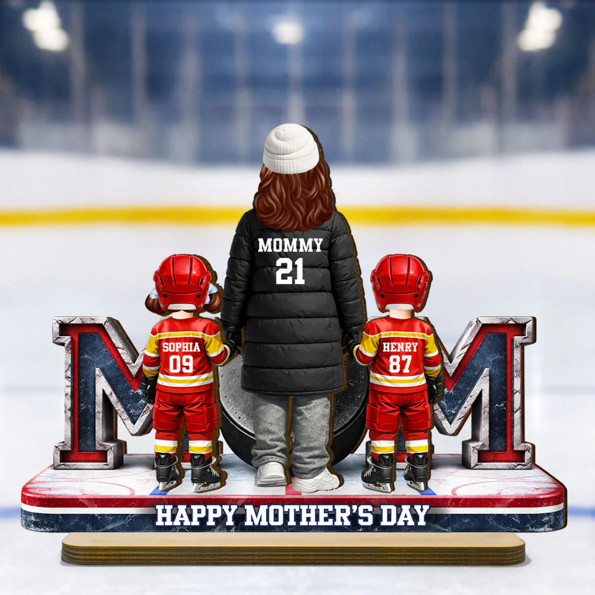 Hockey Mom And Kids Together - Personalized 2-Layered Wooden Plaque - Mother's Day Gift For Hockey Mom, Gift For Wife - Image 2