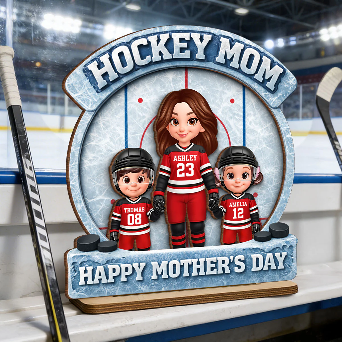 Hockey Mom Front View And Kids - Personalized 2-Layered Wooden Plaque - Mother's Day Gift For Hockey Mom, Gift For Wife - Image 4