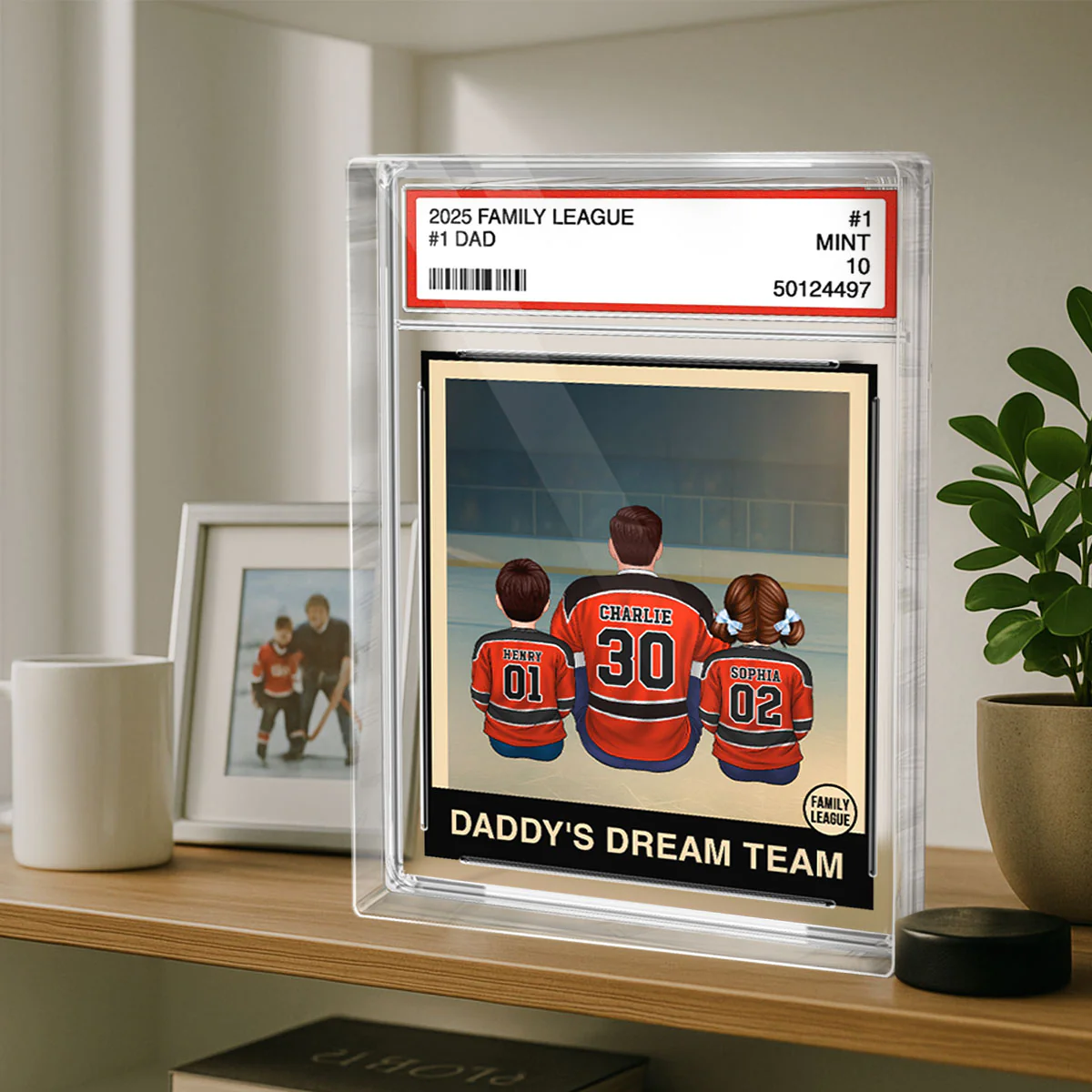 Hockey No. 1 Dad Man & Kids Sitting Trading Card Style Personalized Acrylic Block Plaque - Image 3