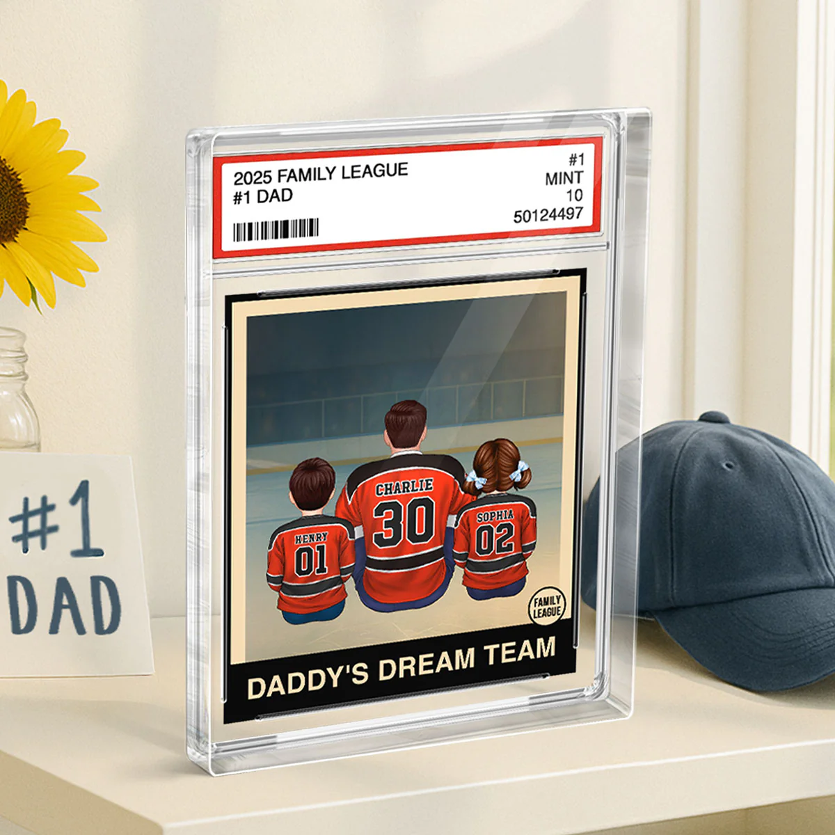 Hockey No. 1 Dad Man & Kids Sitting Trading Card Style Personalized Acrylic Block Plaque - Image 4