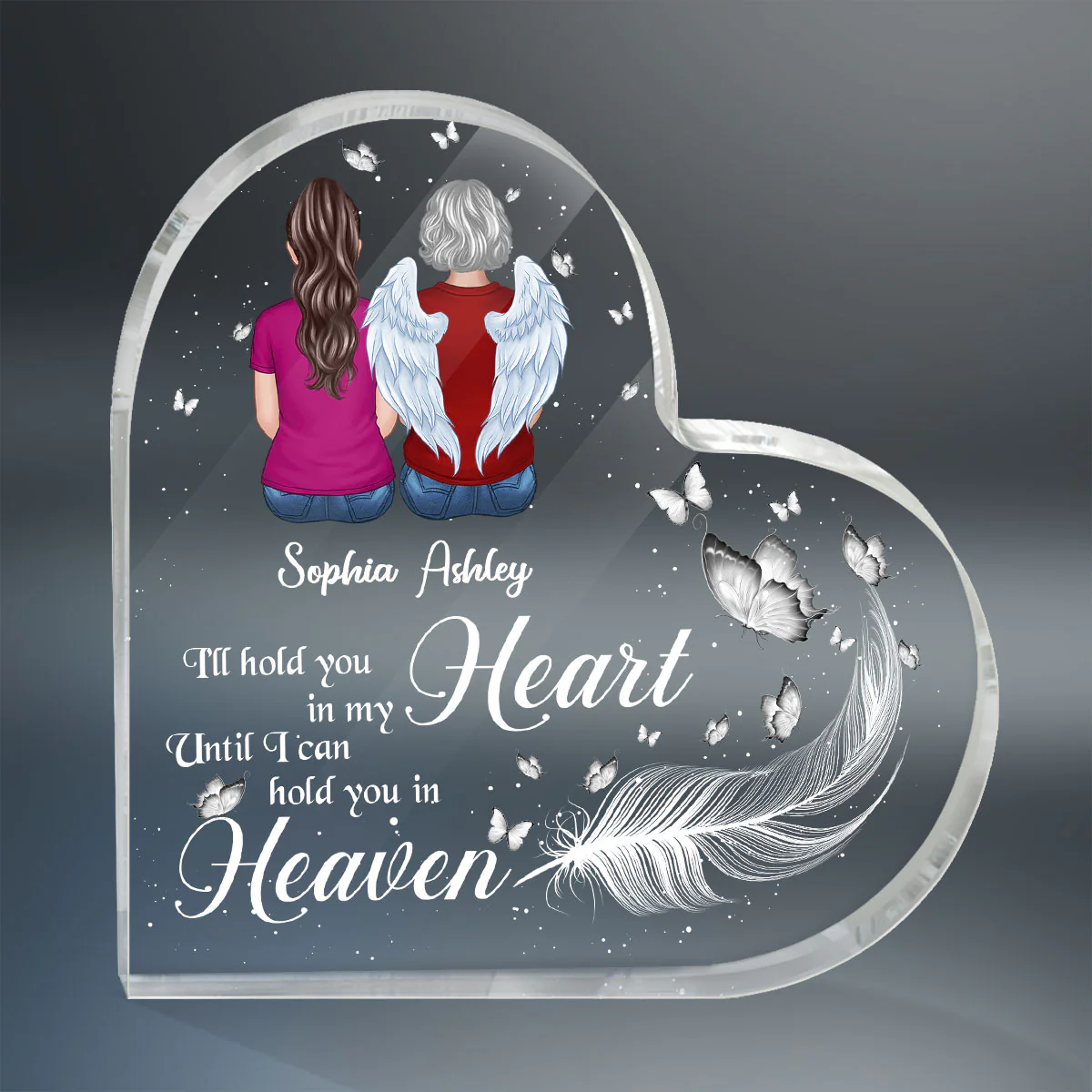 Hold You In My Heart Feather Memorial Personalized Heart Acrylic Plaque - Image 2