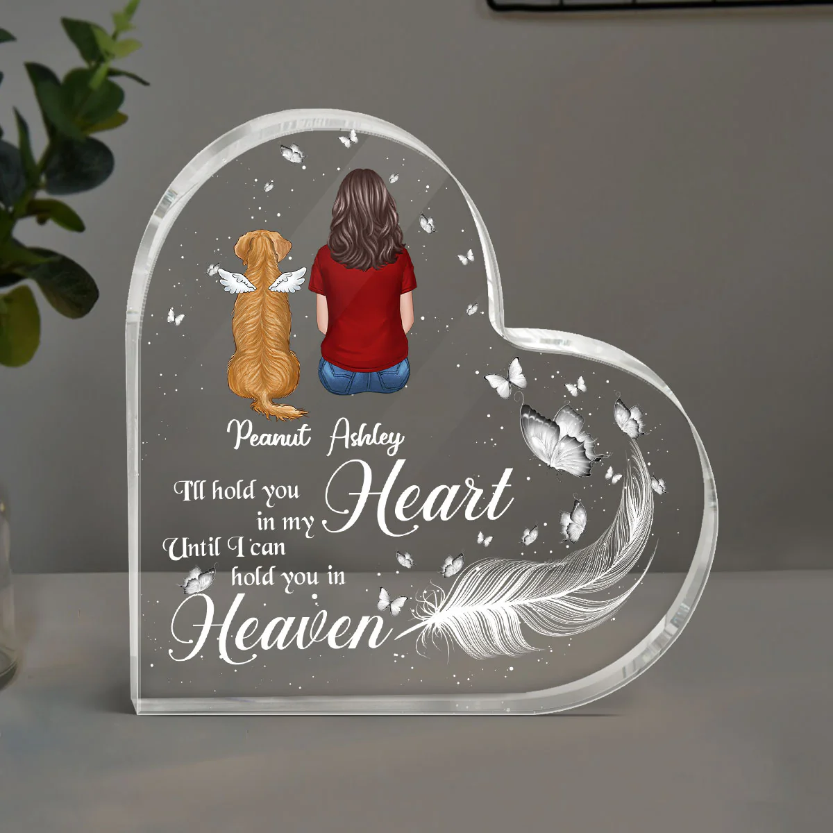 Hold You In My Heart Feather Memorial Personalized Heart Acrylic Plaque - Image 3