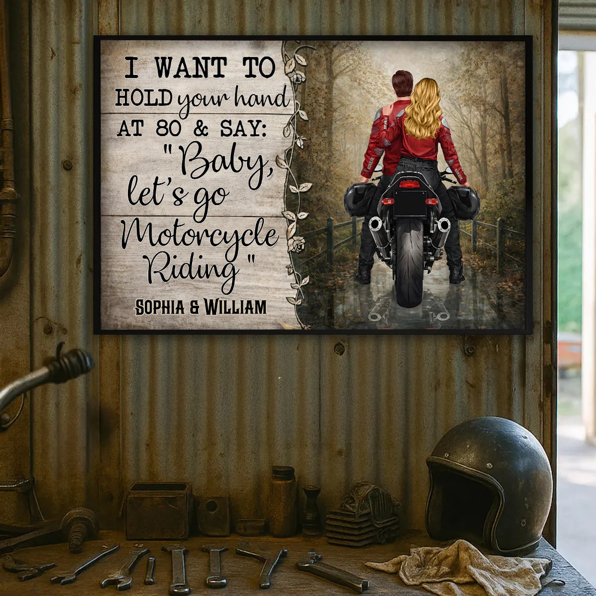 Hold Your Hand at 80s and Go Motorcyle Riding Biker Couples - Personalized Poster - Anniversary Gift for him, for her - Image 2