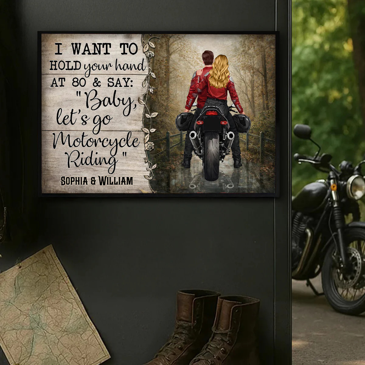 Hold Your Hand at 80s and Go Motorcyle Riding Biker Couples - Personalized Poster - Anniversary Gift for him, for her - Image 5
