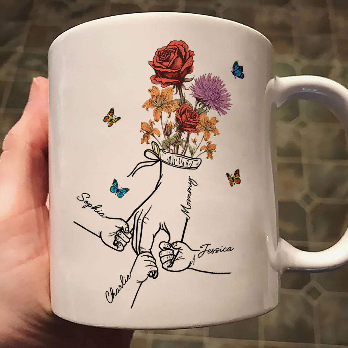 Holding Mom Grandma Hand Birth Month Flowers Personalized Mug - Image 2