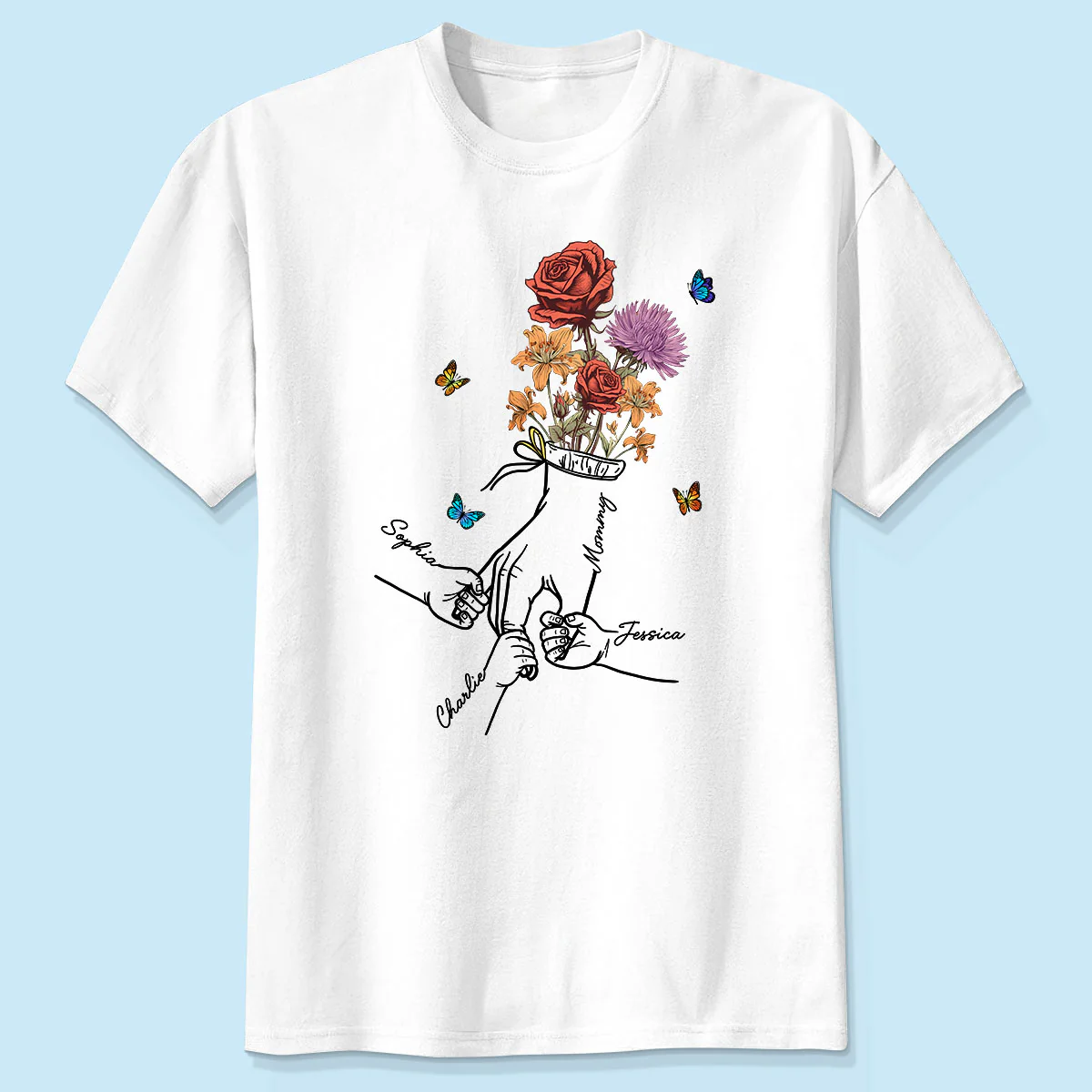 Holding Mom Grandma Hand Birth Month Flowers Personalized Shirt