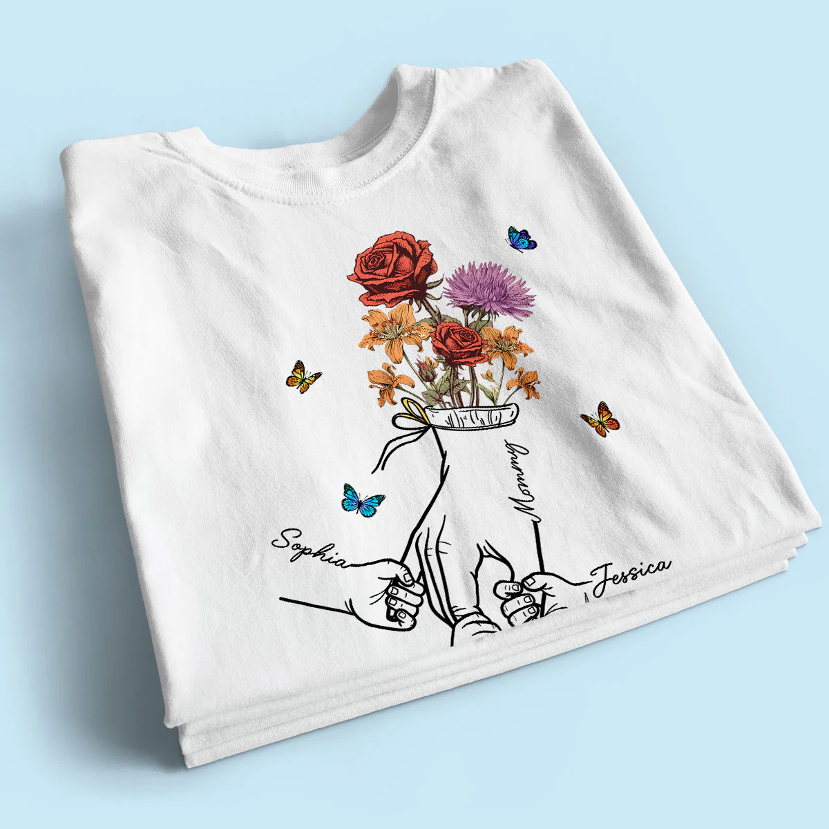 Holding Mom Grandma Hand Birth Month Flowers Personalized Shirt - Image 2