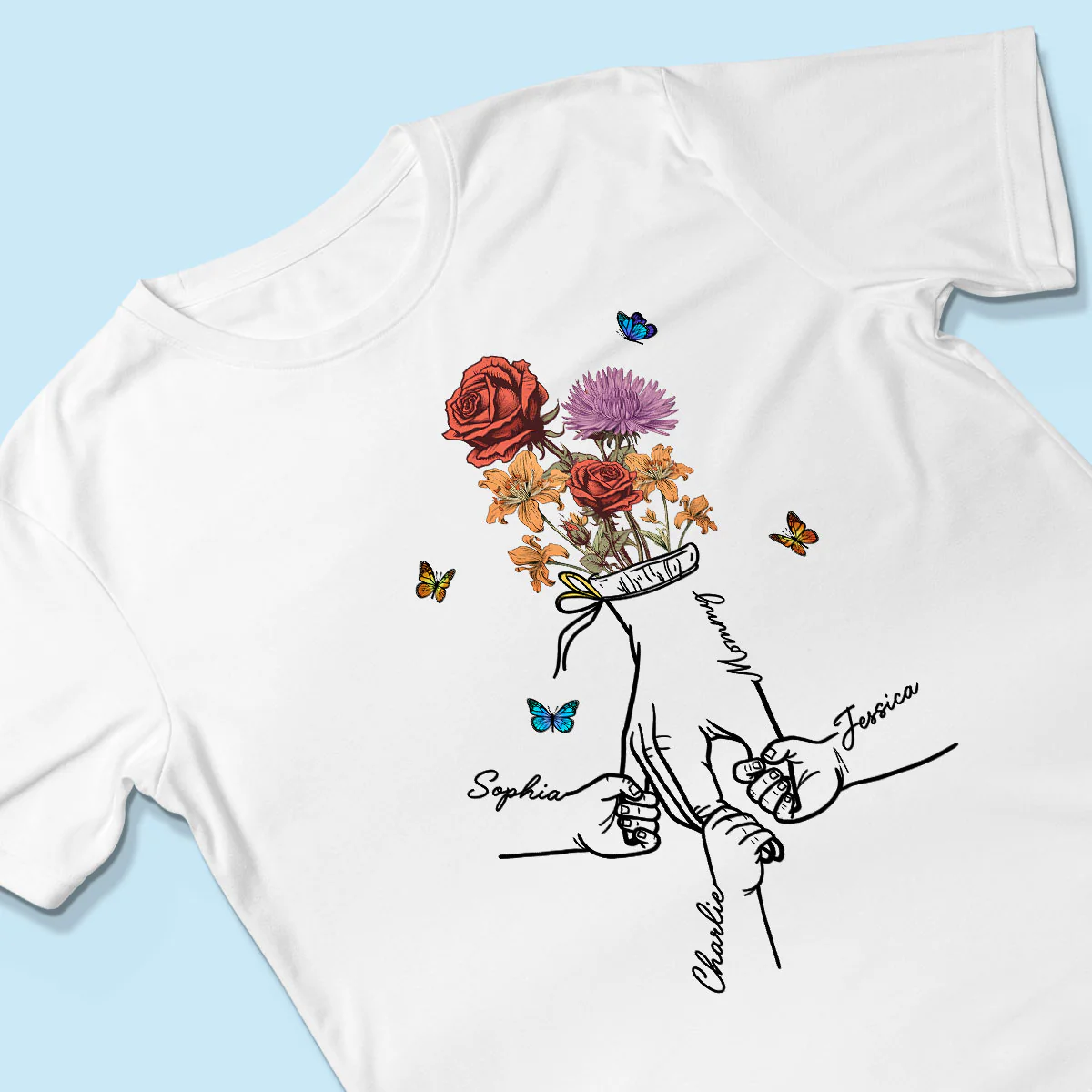 Holding Mom Grandma Hand Birth Month Flowers Personalized Shirt - Image 3