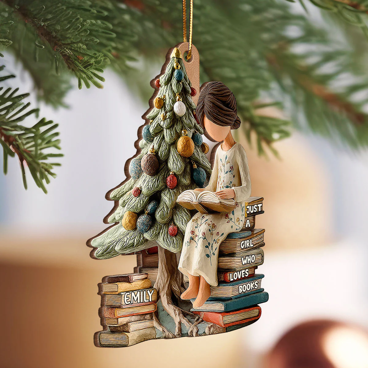 Holiday Reading By The Tree 3D Effect - Personalized Wooden Ornament - Christmas Gift For Book Lover, Bookworm - Image 2