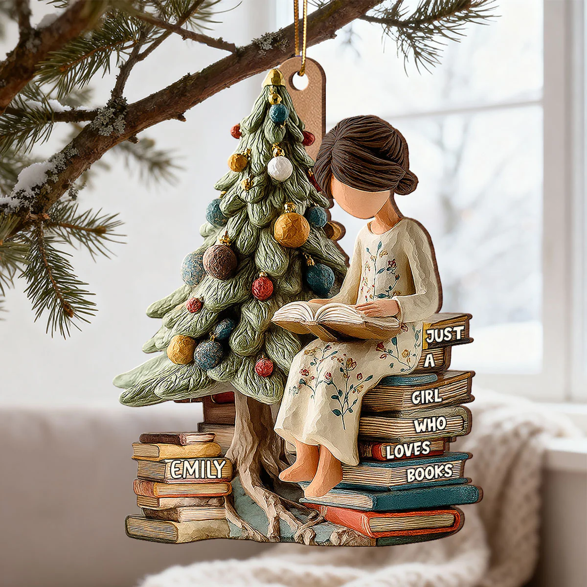 Holiday Reading By The Tree 3D Effect - Personalized Wooden Ornament - Christmas Gift For Book Lover, Bookworm - Image 3