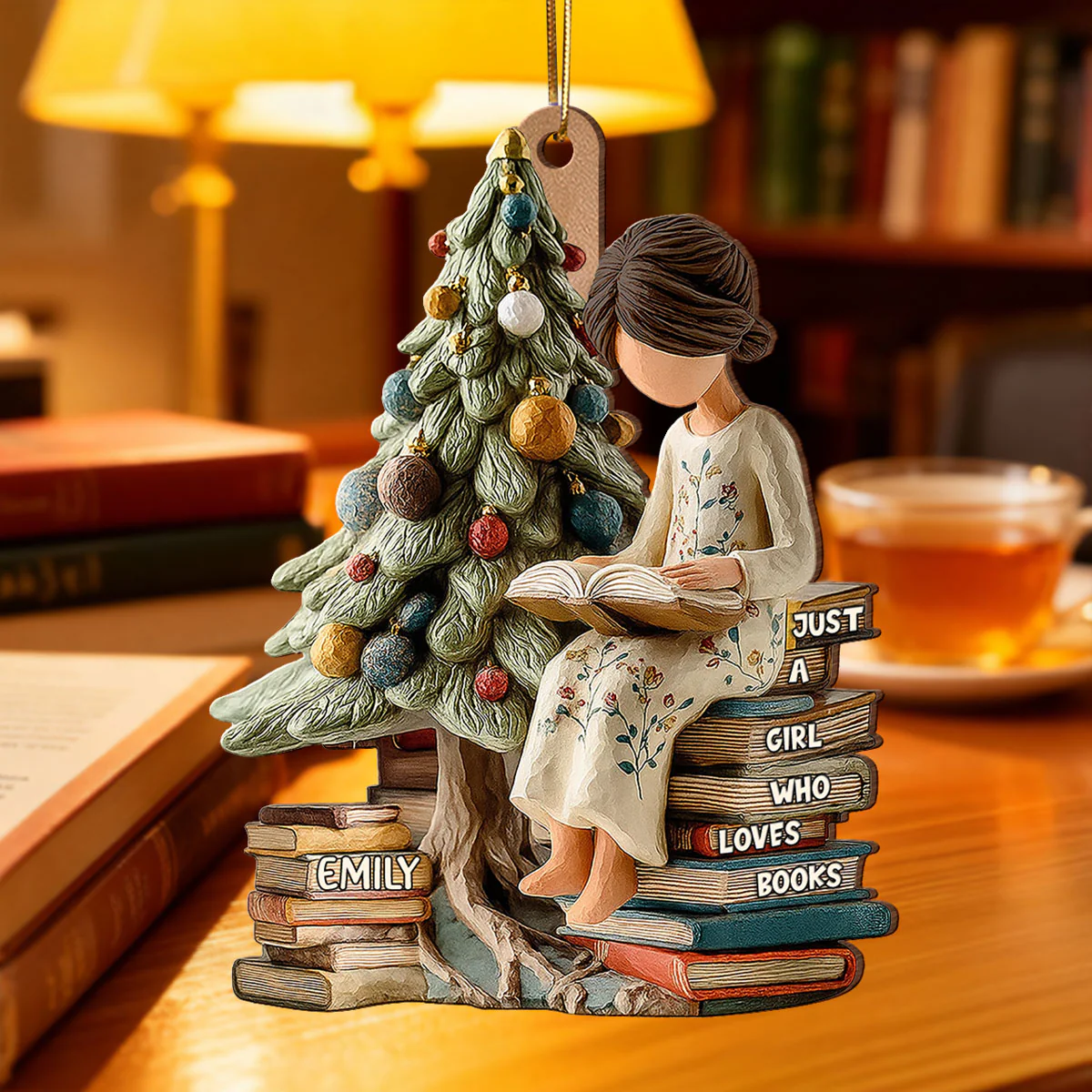 Holiday Reading By The Tree 3D Effect - Personalized Wooden Ornament - Christmas Gift For Book Lover, Bookworm - Image 5