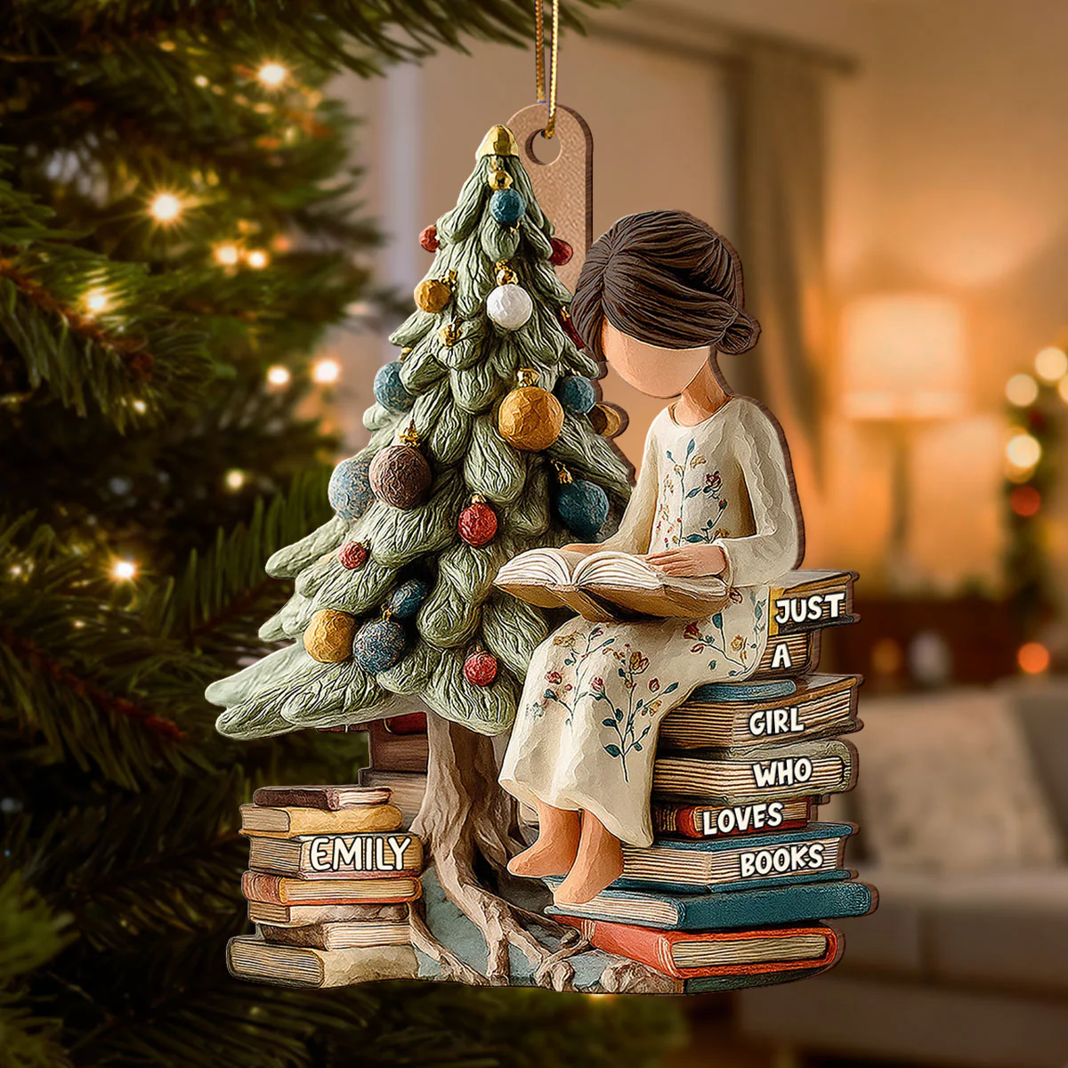 Holiday Reading By The Tree 3D Effect - Personalized Wooden Ornament - Christmas Gift For Book Lover, Bookworm - Image 6