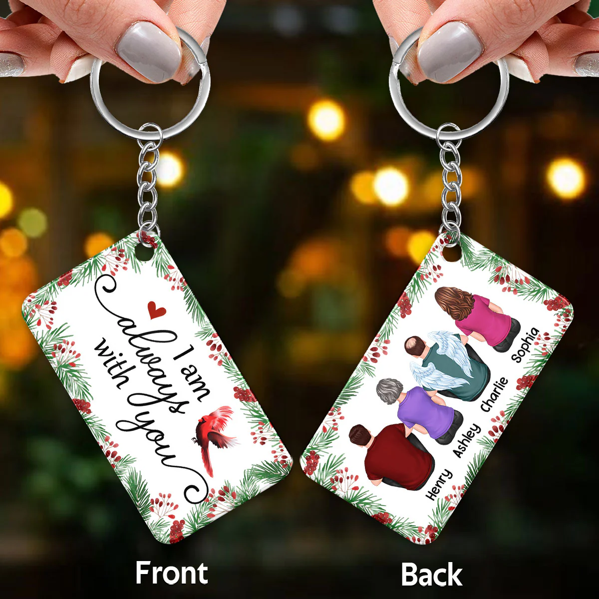 Holly Branch Always With You Cardinal Whole Family Memorial Remembrance Gift Personalized Acrylic Keychain - Image 3