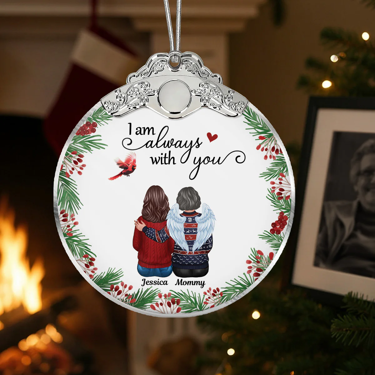 Holly Branch Always With You - Personalized Glass Ornament With Silver Cap - Christmas Memorial Keepsake For Family - Image 2