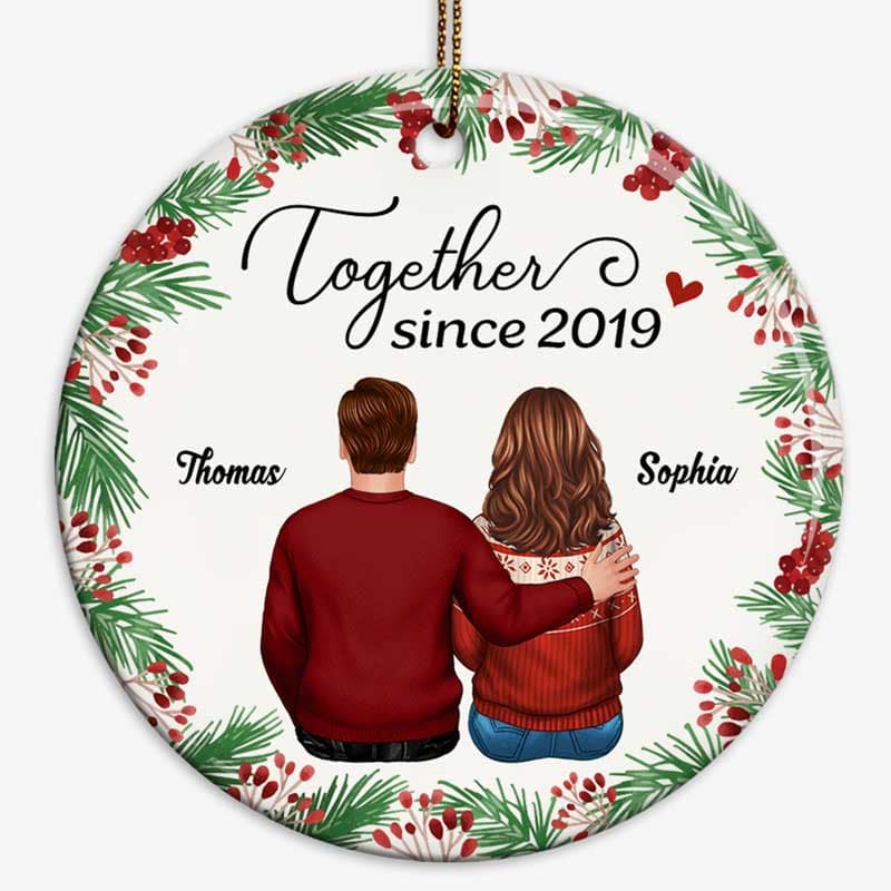 Holly Branch Couple Back View Christmas Personalized Circle Ornament