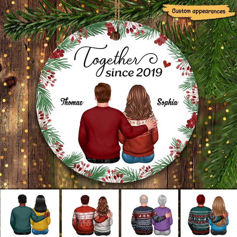 Holly Branch Couple Back View Christmas Personalized Circle Ornament - Image 2