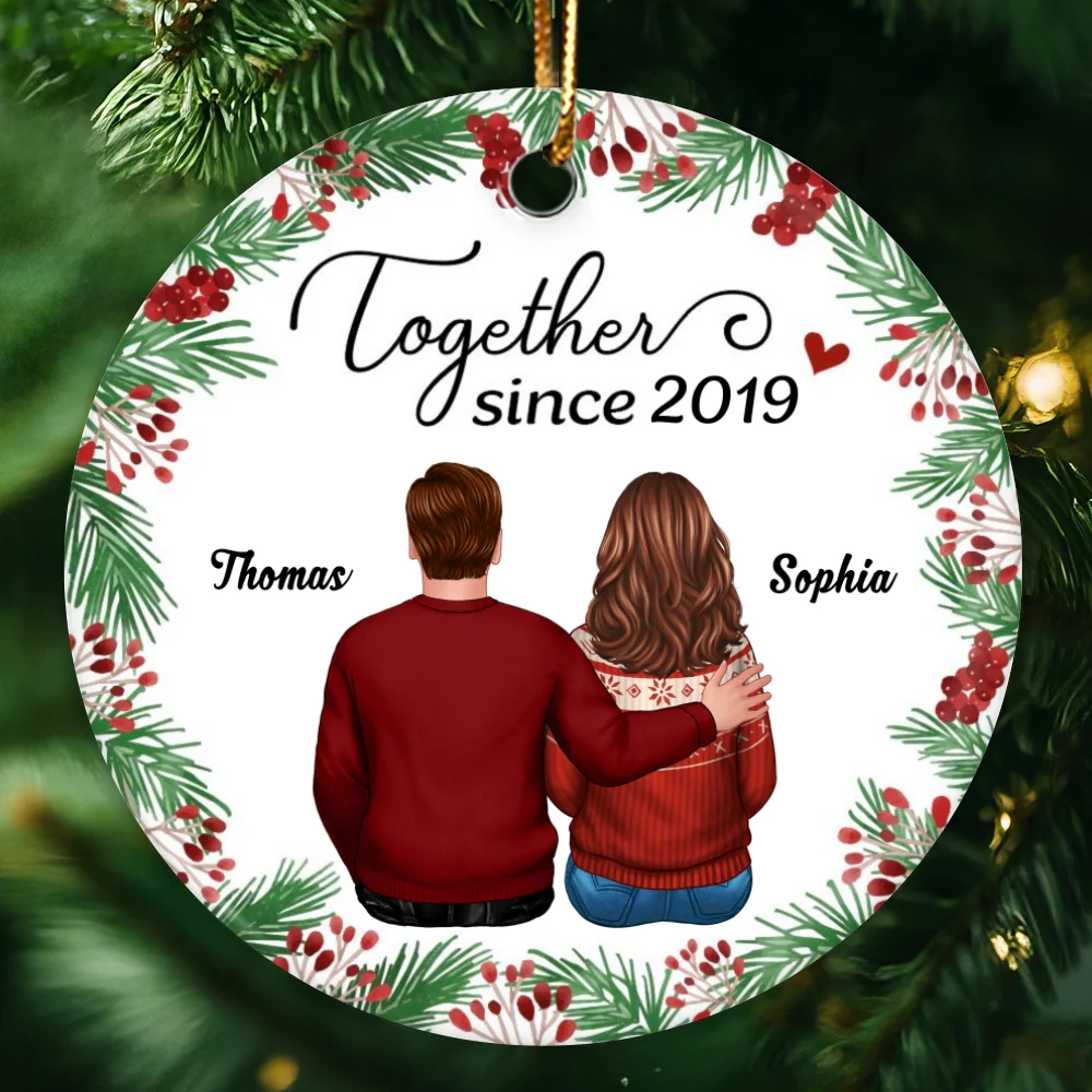 Holly Branch Couple Back View Christmas Personalized Circle Ornament - Image 4
