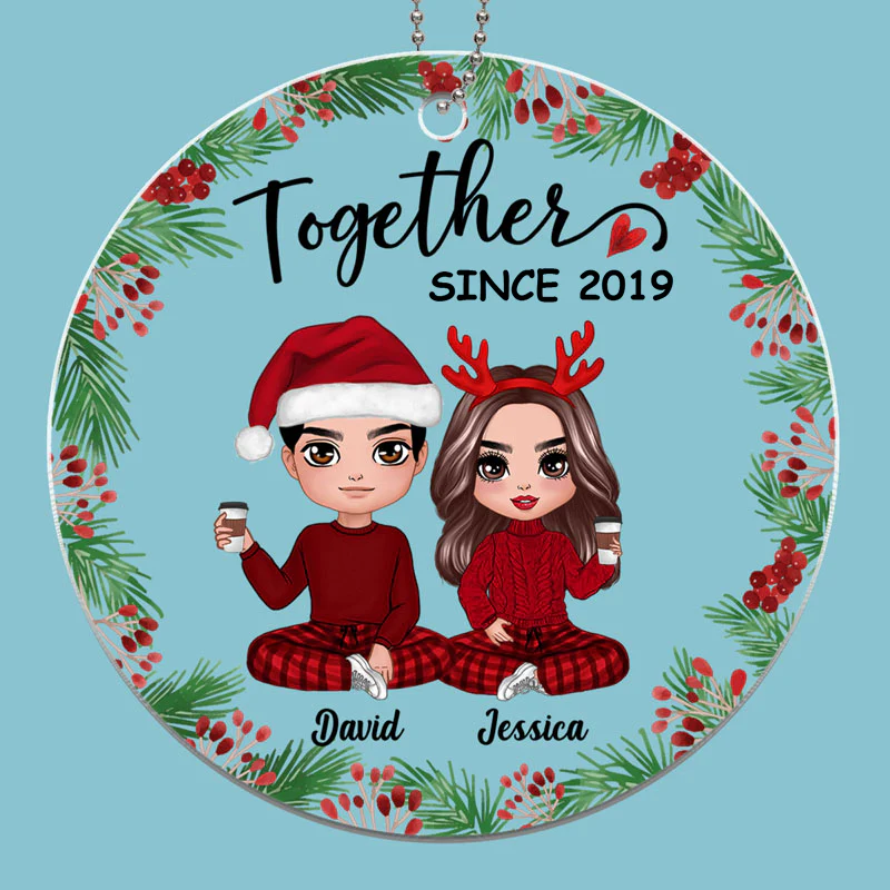 Holly Branch Doll Couple Personalized Acrylic Ornament - Image 2