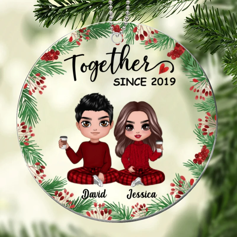 Holly Branch Doll Couple Personalized Acrylic Ornament - Image 3