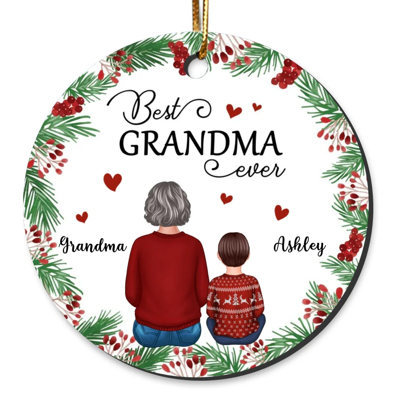 Holly Branch Grandma And Grandkids Christmas Personalized Circle Ornament - Image 4