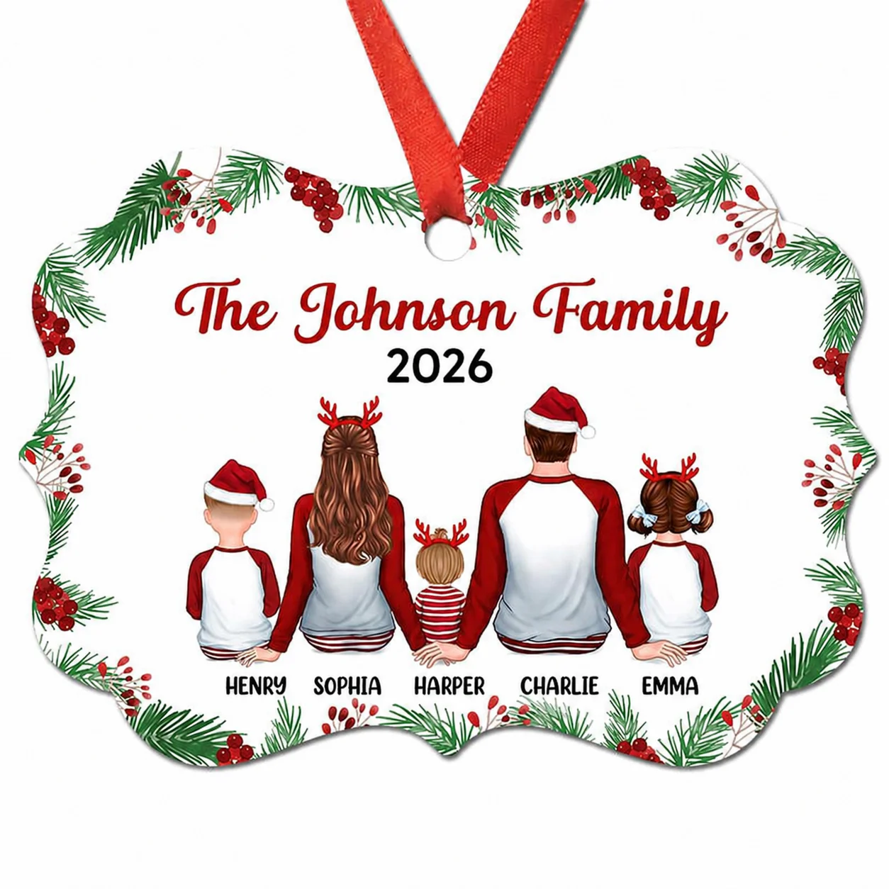 Holly Branch Pajamas Family Sitting Christmas Personalized Christmas Ornament