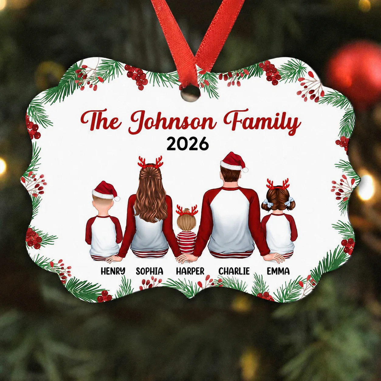 Holly Branch Pajamas Family Sitting Christmas Personalized Christmas Ornament - Image 2